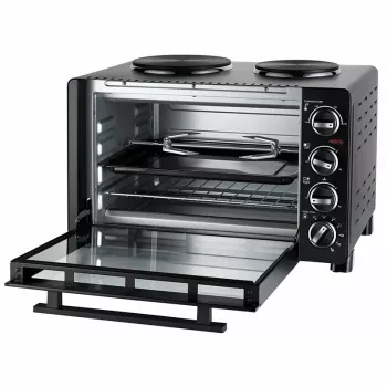 Unold Small Kitchen All in One – laisvai pastatoma viryklė, juoda, su 2 kaitvietėmis ir 30 l orkaite