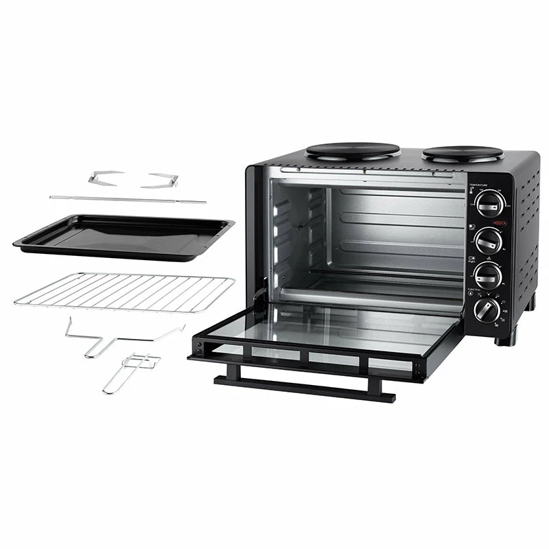 Unold Small Kitchen All in One – laisvai pastatoma viryklė, juoda, su 2 kaitvietėmis ir 30 l orkaite