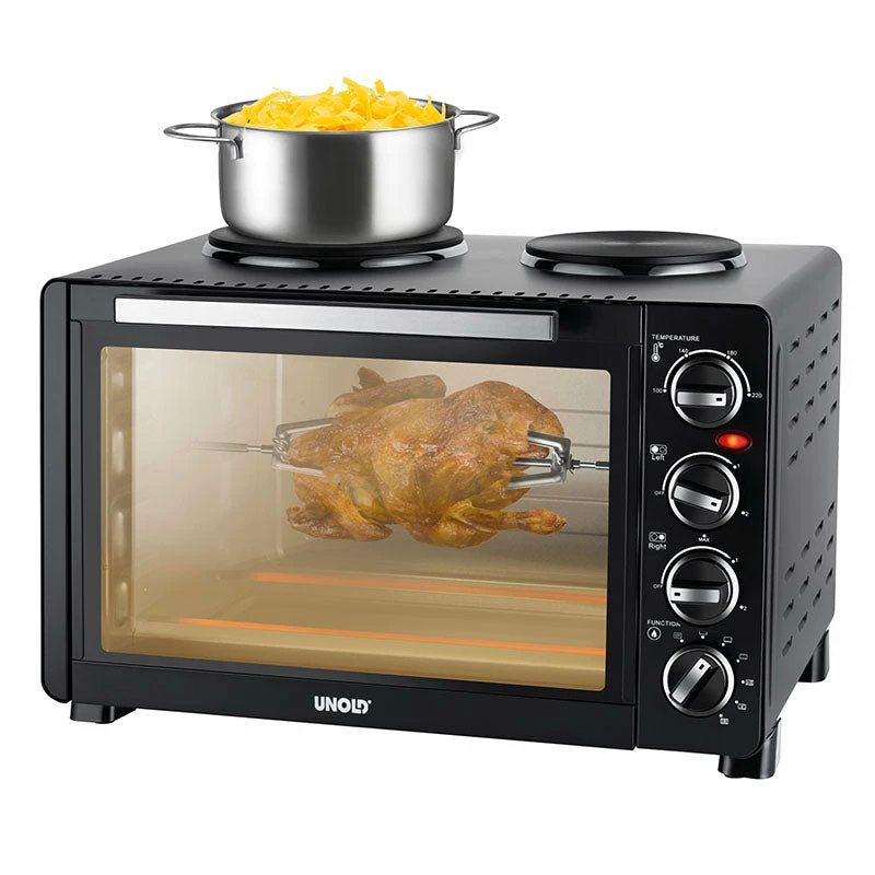 Unold Small Kitchen All in One – laisvai pastatoma viryklė, juoda, su 2 kaitvietėmis ir 30 l orkaite