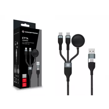 USB-A į 2× USB-C 3-in-1 greitojo įkrovimo ir duomenų kabelis Conceptronic ETTA08B15 — 1,5 m, USB 2.0, 5A, Apple Watch įkroviklis, 100W E-Mark