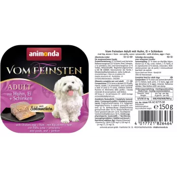 Šlapias šunų ėdalas animonda Vom Feinsten Gourmet Core – Vištiena, Kiaušinis ir Kumpis, 150 g padėklas, be grūdų, suaugusioms mažoms veislėms (5–10 kg)