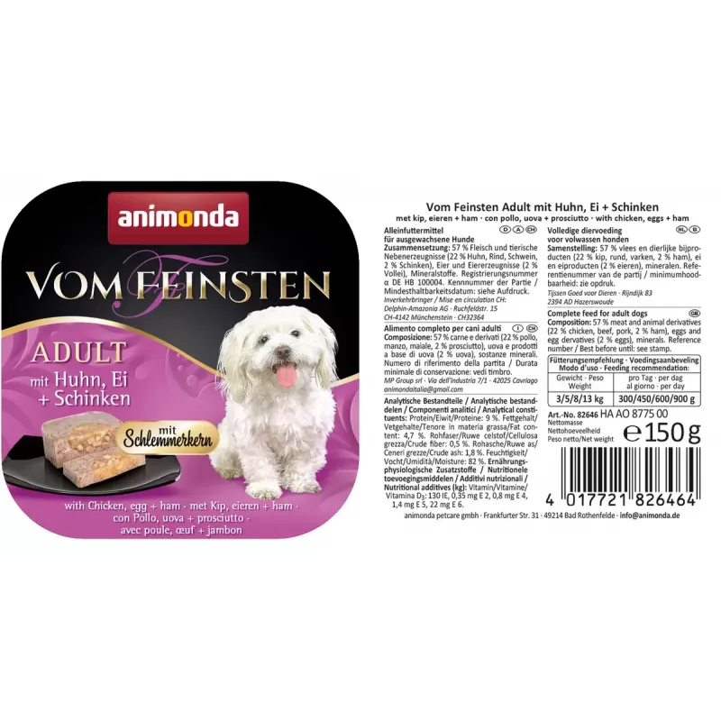 Šlapias šunų ėdalas animonda Vom Feinsten Gourmet Core – Vištiena, Kiaušinis ir Kumpis, 150 g padėklas, be grūdų, suaugusioms mažoms veislėms (5–10 kg)