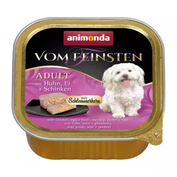 Šlapias šunų ėdalas animonda Vom Feinsten Gourmet Core – Vištiena, Kiaušinis ir Kumpis, 150 g padėklas, be grūdų, suaugusioms mažoms veislėms (5–10 kg)