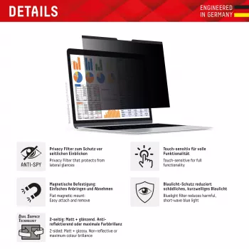 Displex PRIVACY SAFE magnetinis privatumo filtras nešiojamam kompiuteriui 14'' (16:10), 2 būdai