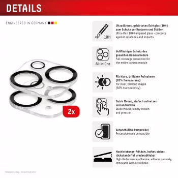 Displex Full Cover Camera Lens Glass iPhone 15/15 Plus, 10H, Visų kamerų apsauginis stiklas, Greitas montavimas, 2 vnt. pakuotė