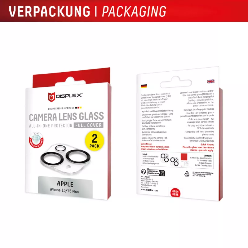 Displex Full Cover Camera Lens Glass iPhone 15/15 Plus, 10H, Visų kamerų apsauginis stiklas, Greitas montavimas, 2 vnt. pakuotė