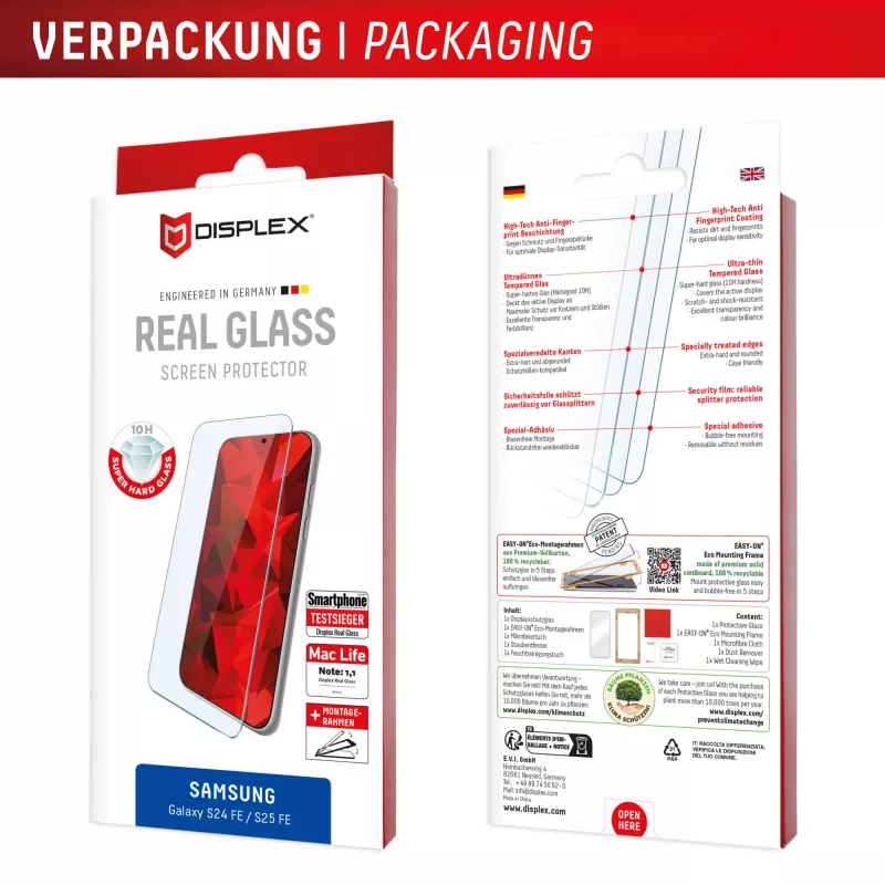 Displex Screen Protector (10H) Samsung Galaxy S25 FE/S24 FE, Eco Mounting Frame, atsparus įbrėžimams