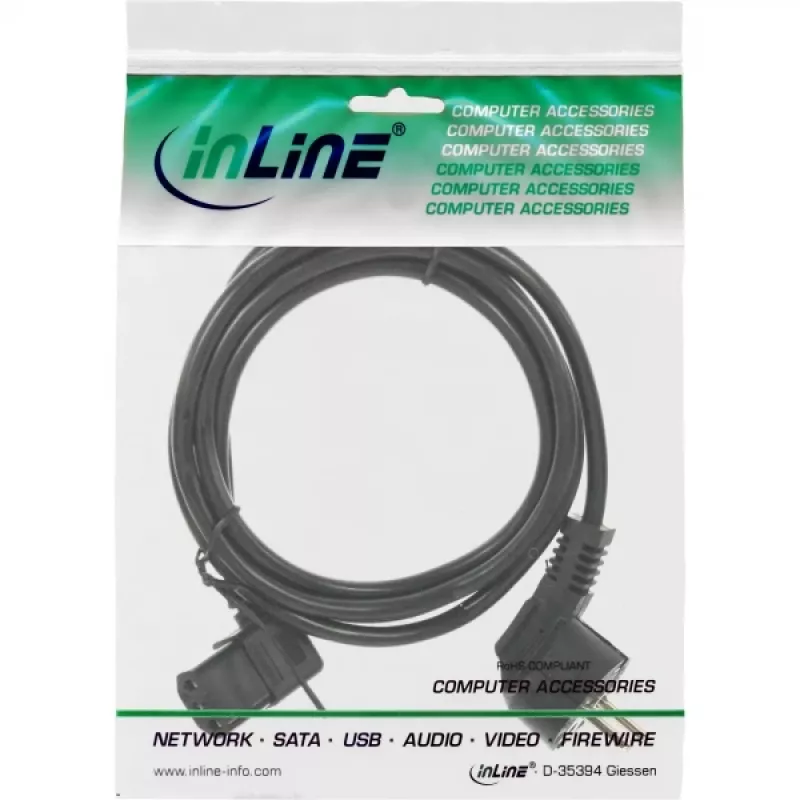 InLine maitinimo laidas, CEE 7/7 kampuotas / 3 kontaktų IEC C13 kairėn kampuotas, juodas, 1,8 m