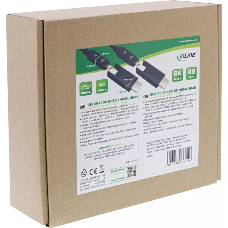 InLine HDMI AOC laidas, Ultra High Speed HDMI, 8K4K, nuimamas kištukas, 20 m