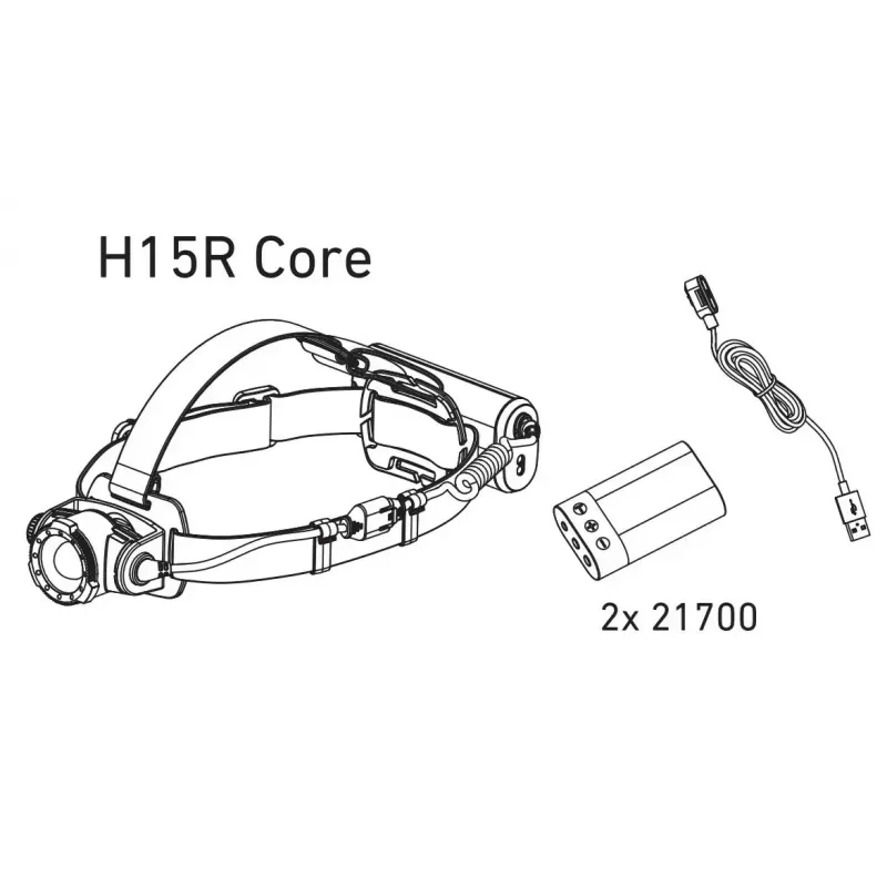 Priekinė lemputė Led Lenser H15R Core – galvos juostos LED žibintuvėlis, 2500 lm, įkraunama 21700 baterija, IP67, 250 m spindulys, 4 galios lygiai, aliuminis, juoda