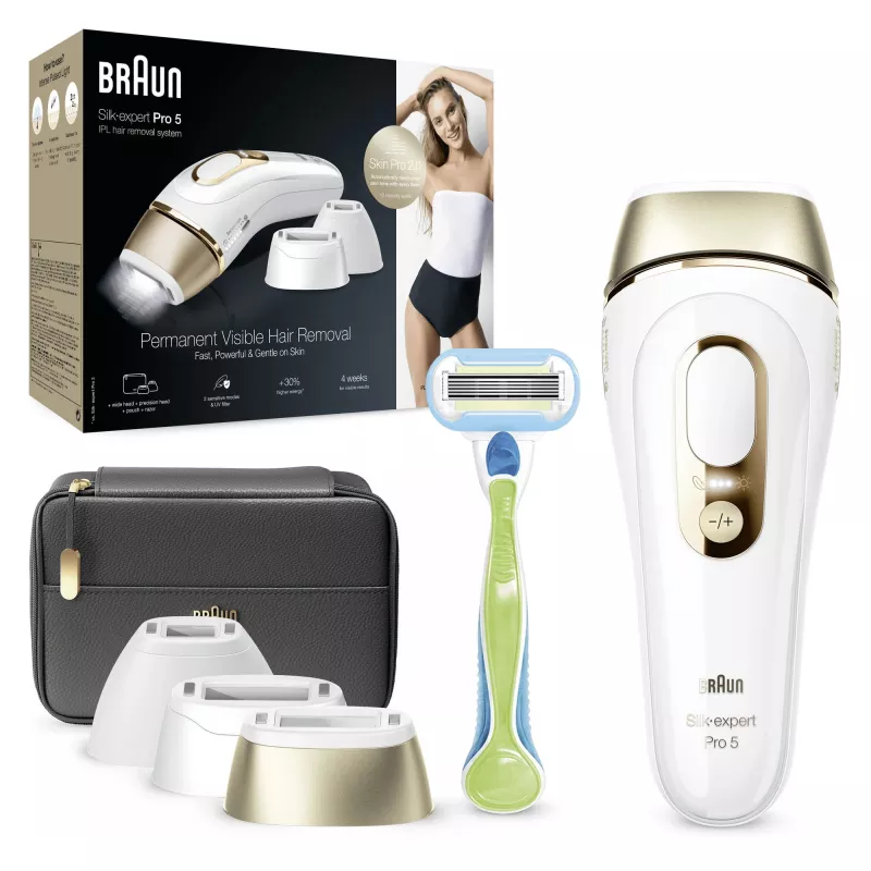 Braun Silk-expert Pro 5 PL5243 nuolatinis šviesos impulsų (IPL) plaukų šalinimo prietaisas, auksinis, baltas