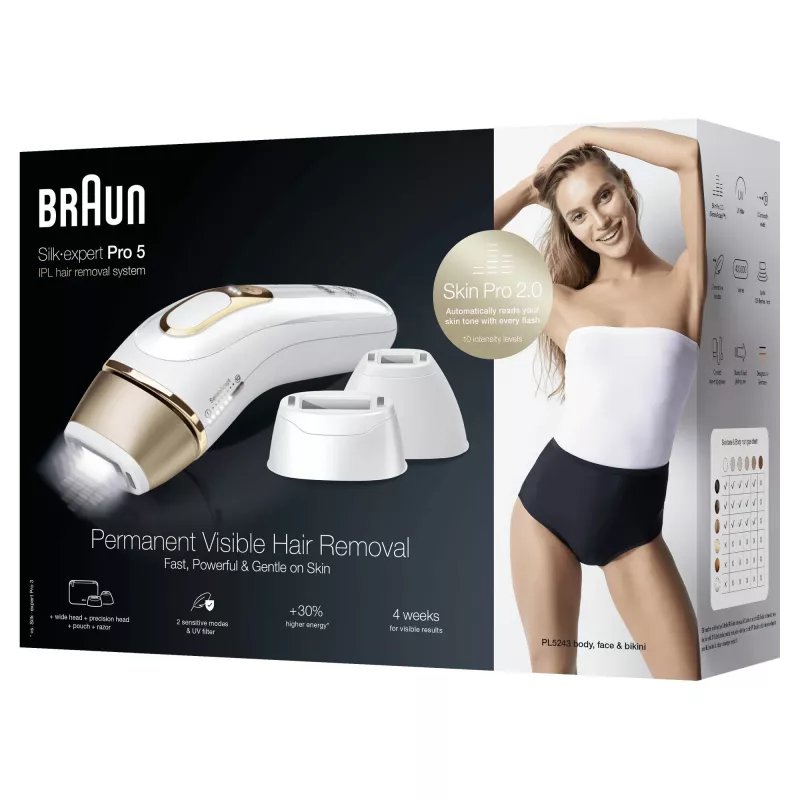 Braun Silk-expert Pro 5 PL5243 nuolatinis šviesos impulsų (IPL) plaukų šalinimo prietaisas, auksinis, baltas
