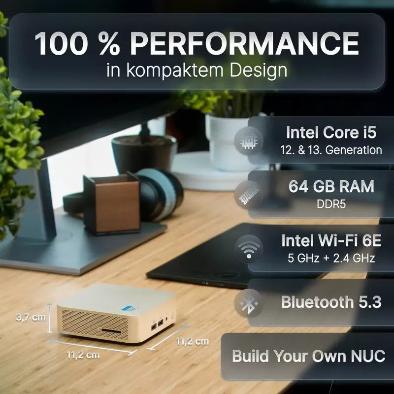 Mini kompiuteris FutureNUC Lux NUC 13i5HL – Intel Core i5-13420H, 16 GB DDR4, 512 GB SSD, Intel Iris Xe, Windows 11 Pro, Auksinis