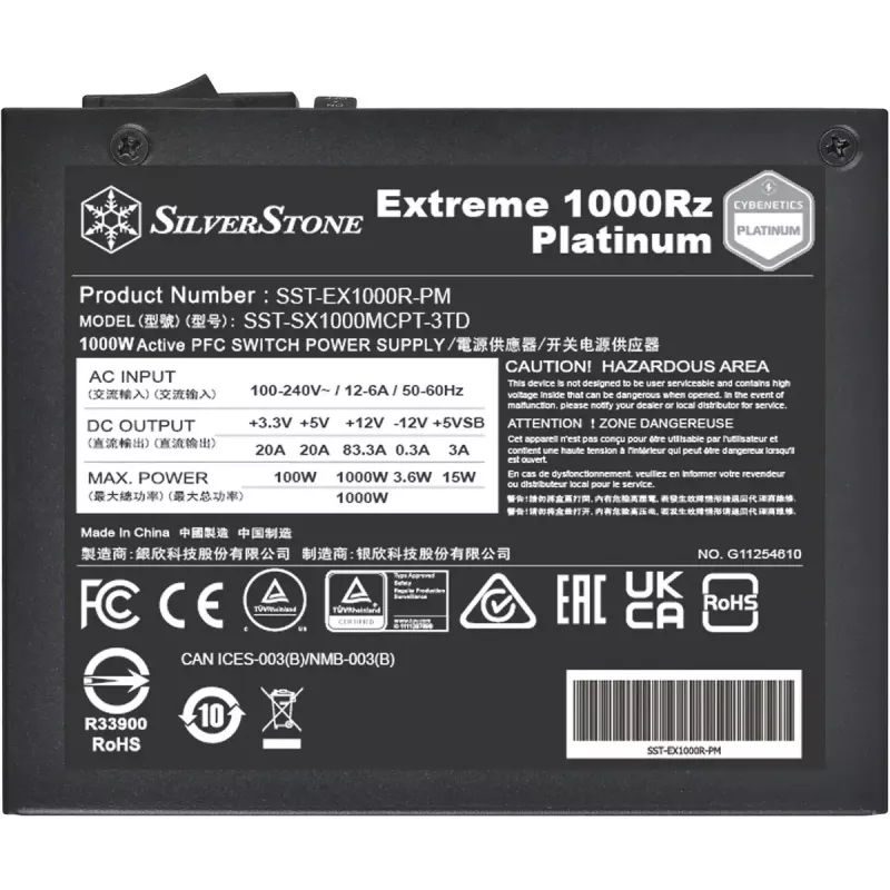 Maitinimo blokas SilverStone Extreme 1000Rz Platinum (juodas, 2x 12-pin aukštos galios GPU, 8x PCIe, kabelių valdymas, 1000 W)