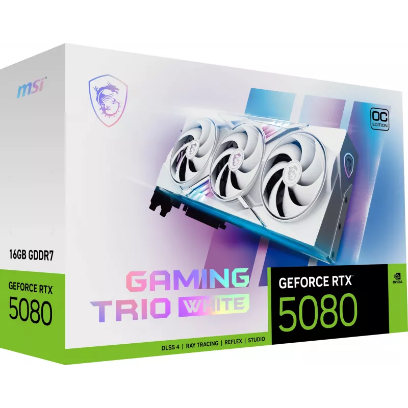 Vaizdo plokštė MSI GeForce RTX 5080 16 GB GDDR7, PCIe 5.0, 256 bit, 3xDP 2.1a + HDMI 2.1b, 360 W, 3 ventiliatoriai, balta