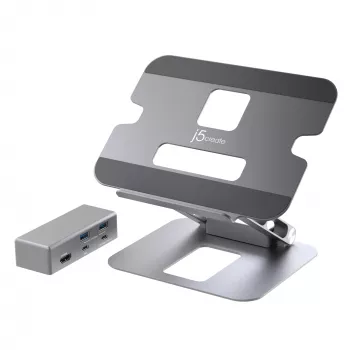 j5create JTS327 Daugiakampis 4K stovas su dokstote, pilkas, aliuminis, 40,6 cm (16 colių), 4 kg, Windows / Mac