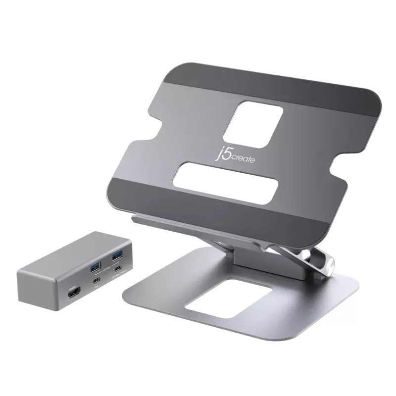 j5create JTS327 Daugiakampis 4K stovas su dokstote, pilkas, aliuminis, 40,6 cm (16 colių), 4 kg, Windows / Mac