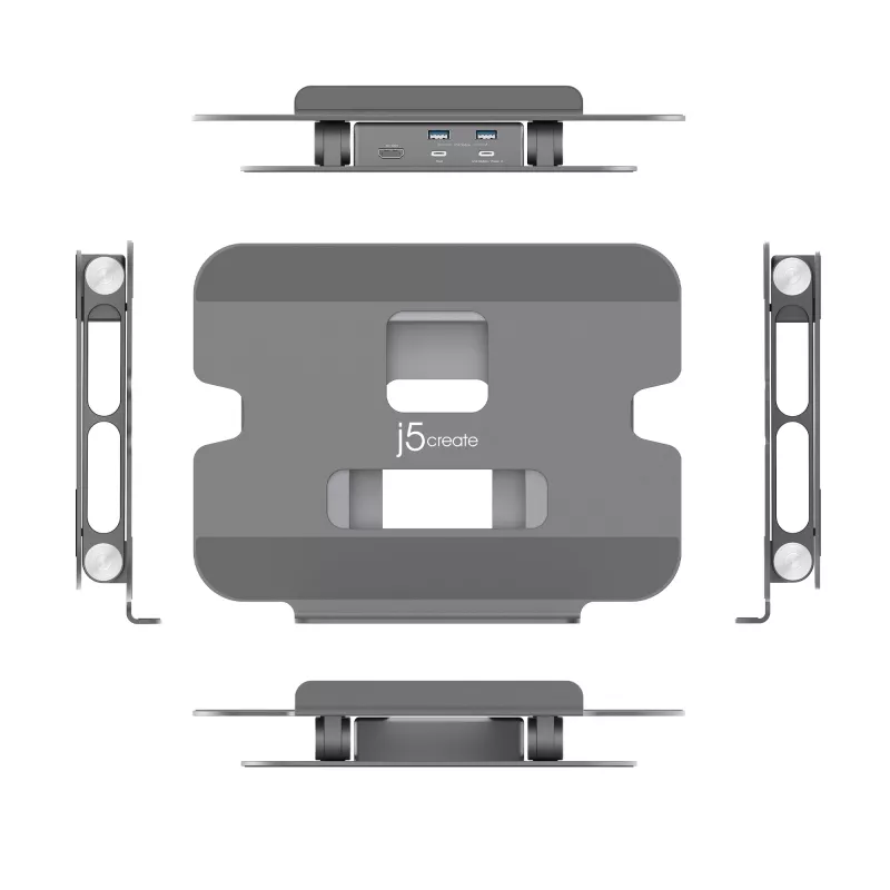j5create JTS327 Daugiakampis 4K stovas su dokstote, pilkas, aliuminis, 40,6 cm (16 colių), 4 kg, Windows / Mac