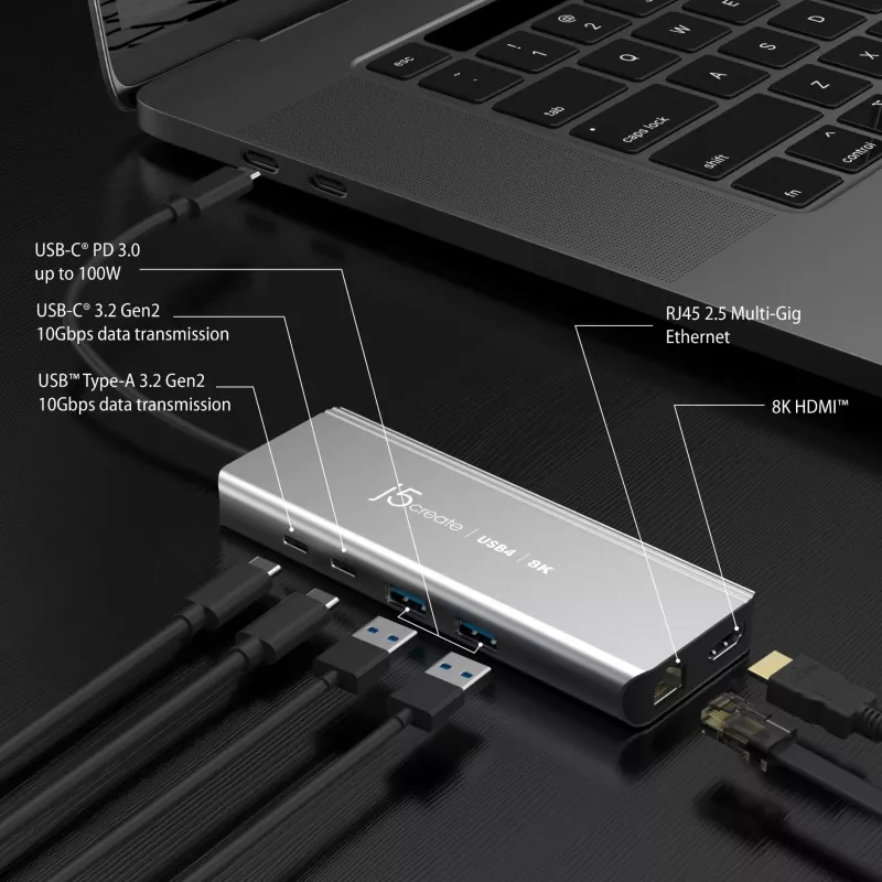 j5create JCD403 USB4 8K kelių prievadų USB-C stotelė su HDMI ir RJ-45