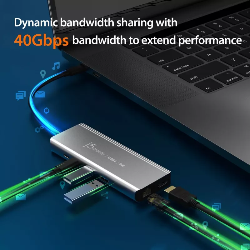 j5create JCD403 USB4 8K kelių prievadų USB-C stotelė su HDMI ir RJ-45