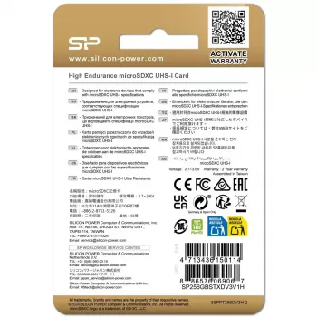 MicroSDXC atminties kortelė Silicon Power SP256GBSTXDV3V1HSP 256 GB Class 10 High Endurance