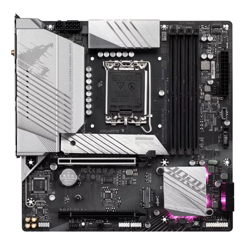 GIGABYTE B760M AORUS ELITE AX pagrindinė plokštė – palaiko Intel Core 14-osios kartos CPU, 12*+1+1 fazių skaitmeninis VRM, iki 7800MHz DDR5 (OC), 2xPCIe 4.0 M.2, Wi-Fi 6E, 2.5GbE LAN, USB 3.2 Gen 2