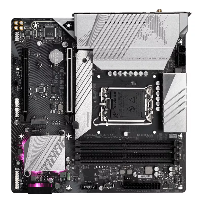GIGABYTE B760M AORUS ELITE AX pagrindinė plokštė – palaiko Intel Core 14-osios kartos CPU, 12*+1+1 fazių skaitmeninis VRM, iki 7800MHz DDR5 (OC), 2xPCIe 4.0 M.2, Wi-Fi 6E, 2.5GbE LAN, USB 3.2 Gen 2