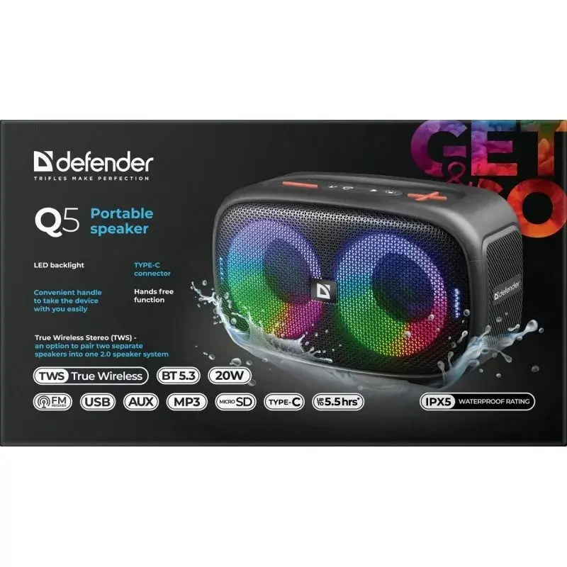 Defender Q5 Stereo belaidis Bluetooth garsiakalbis, 20W, LED apšvietimas, FM radijas, TWS