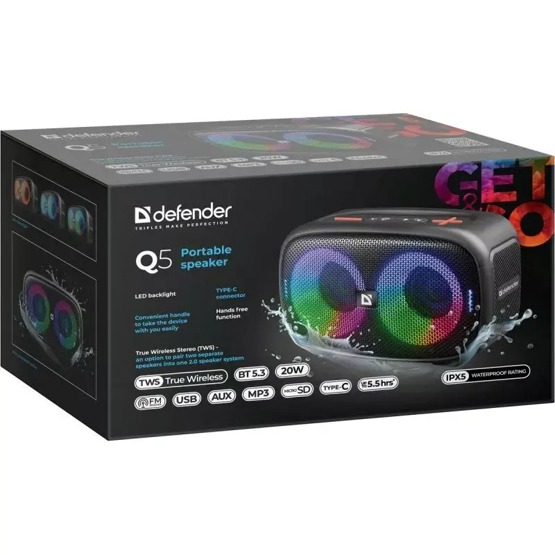 Defender Q5 Stereo belaidis Bluetooth garsiakalbis, 20W, LED apšvietimas, FM radijas, TWS