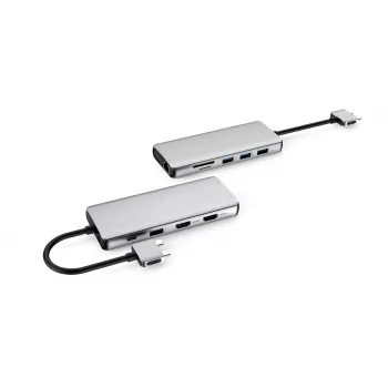 eSTUFF ES623010 12-in-1 USB-C stotelė su 4K HDMI, VGA, 100W PD įkrovimu, Gigabit Ethernet, aliuminis