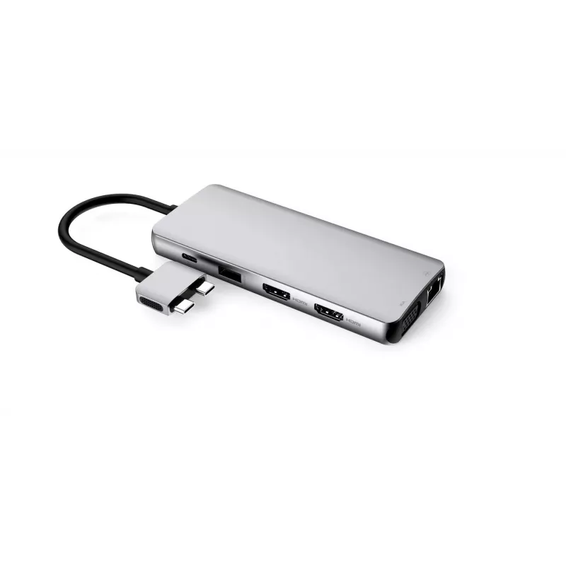 eSTUFF ES623010 12-in-1 USB-C stotelė su 4K HDMI, VGA, 100W PD įkrovimu, Gigabit Ethernet, aliuminis