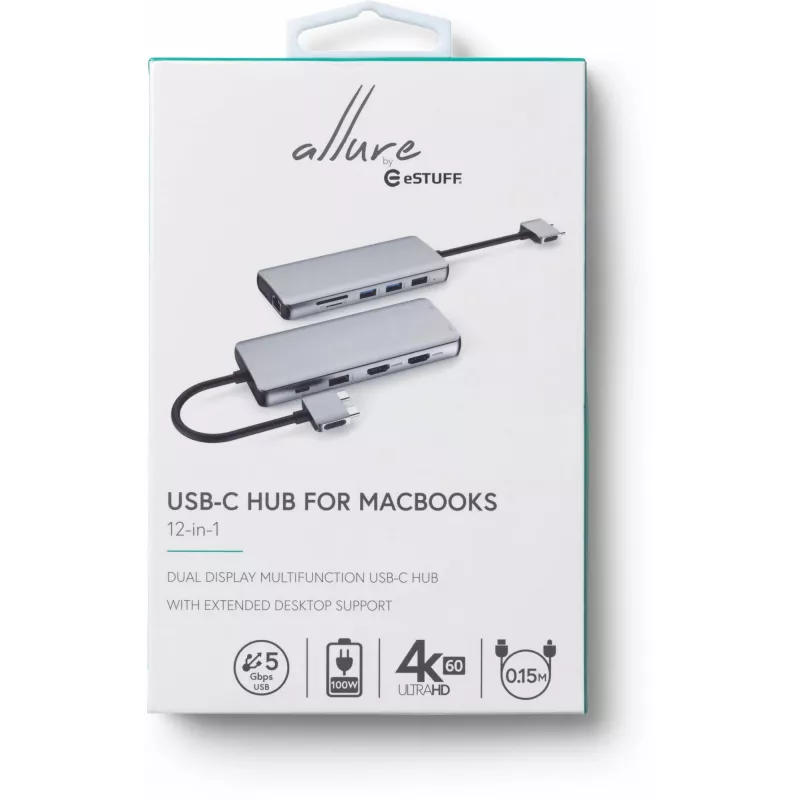 eSTUFF ES623010 12-in-1 USB-C stotelė su 4K HDMI, VGA, 100W PD įkrovimu, Gigabit Ethernet, aliuminis