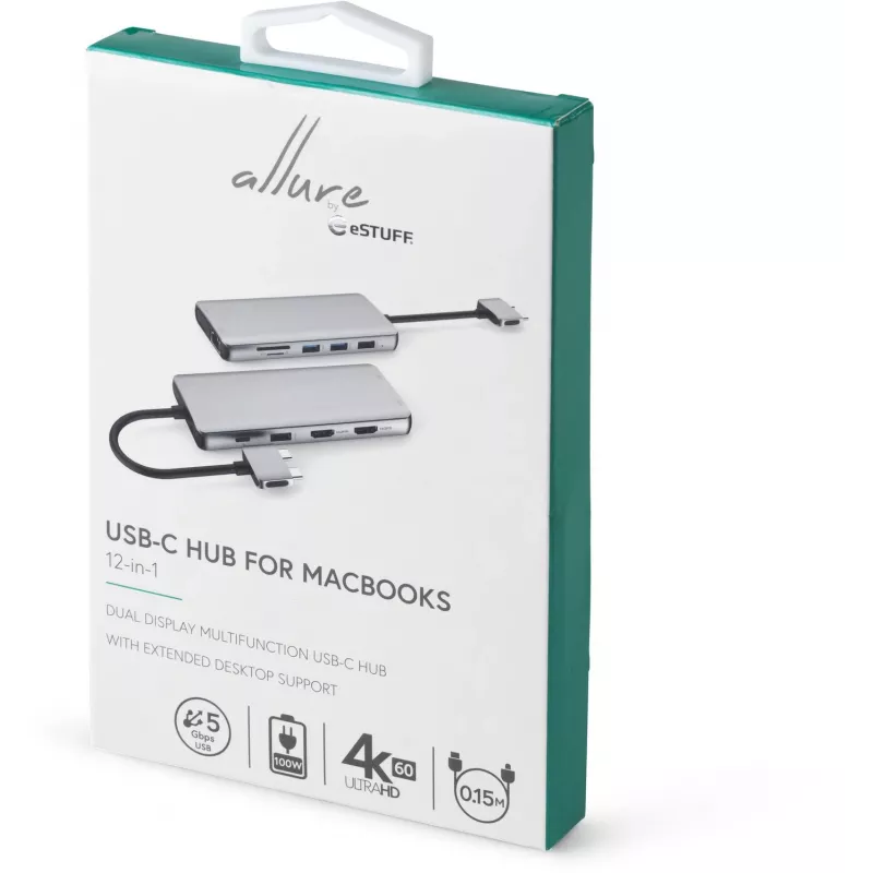eSTUFF ES623010 12-in-1 USB-C stotelė su 4K HDMI, VGA, 100W PD įkrovimu, Gigabit Ethernet, aliuminis