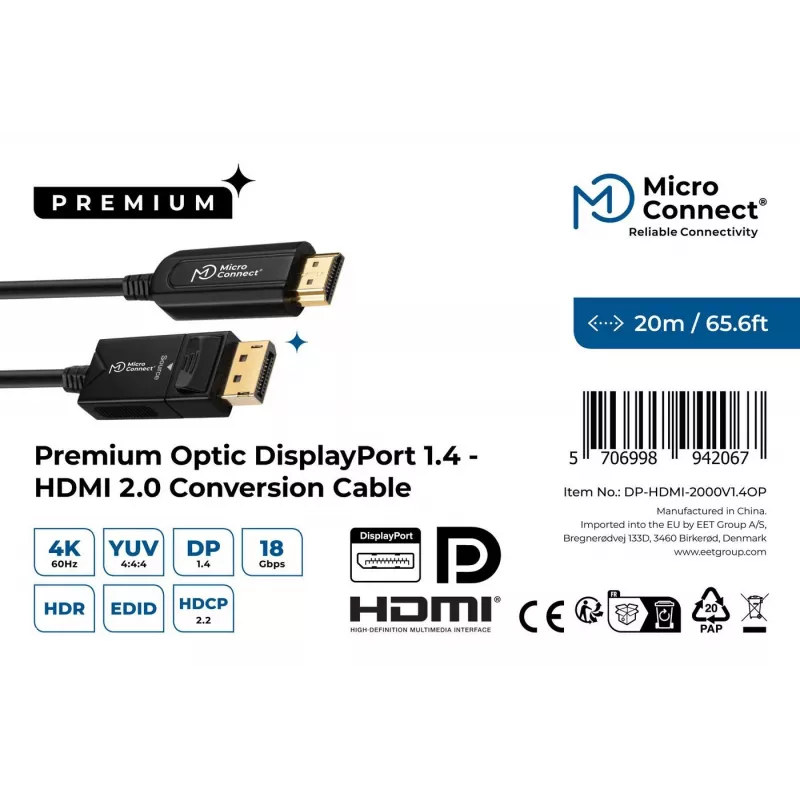 Microconnect DP-HDMI-2000V1.4OP vaizdo kabelio adapteris 20 m DisplayPort HDMI A tipo (Standartinis) Juodas