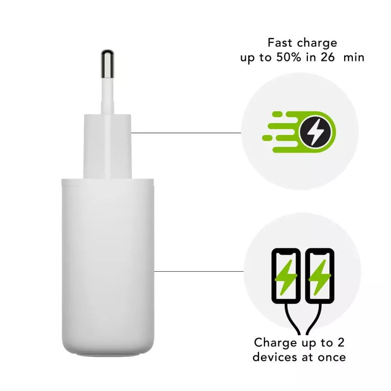 Sieninis įkroviklis d bramante re-charge Pro — 2× USB-C 25W, 110–240V, Baltas