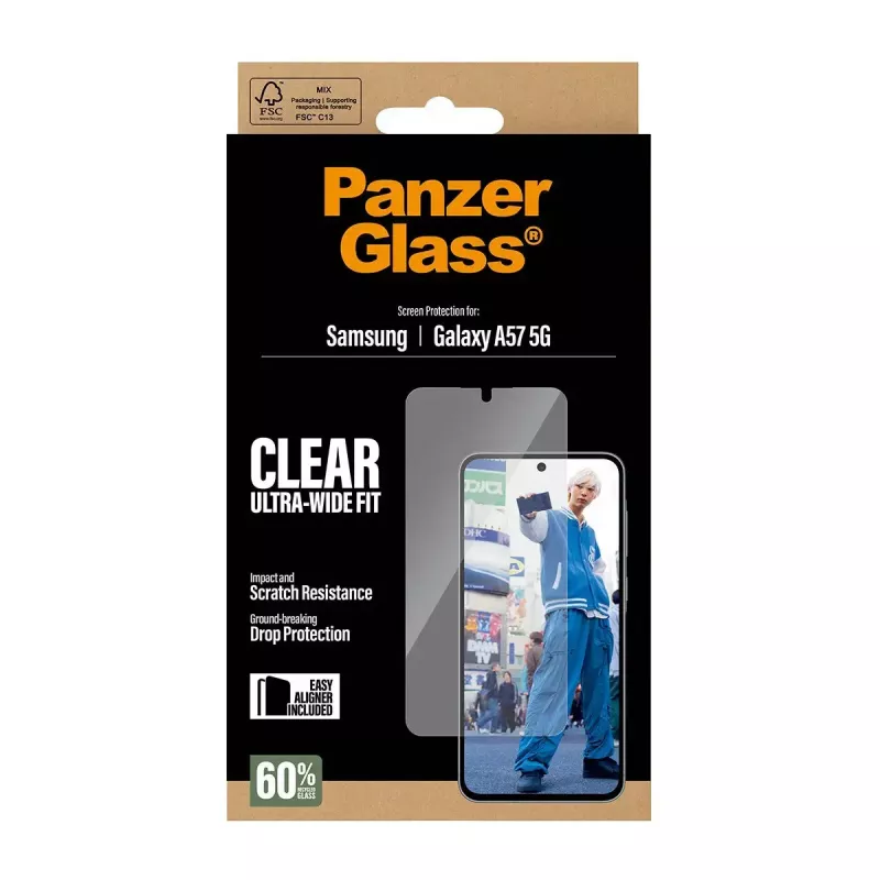 Apsauginis stiklas PanzerGlass Ultra-Wide Fit, skirtas Samsung Galaxy A57 5G — skaidrus, atsparus įbrėžimams