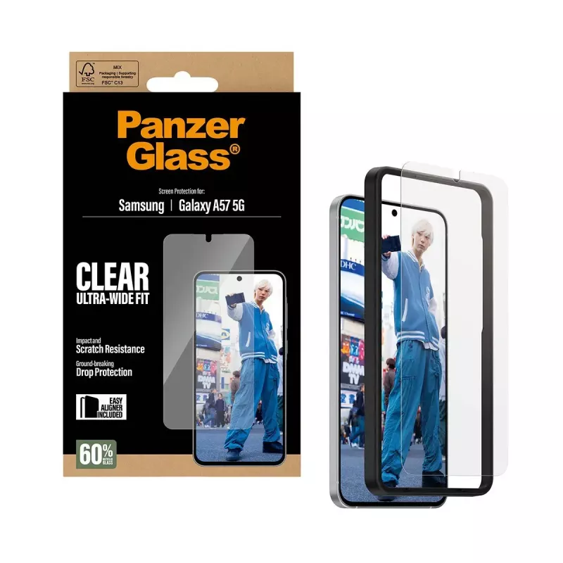 Apsauginis stiklas PanzerGlass Ultra-Wide Fit, skirtas Samsung Galaxy A57 5G — skaidrus, atsparus įbrėžimams