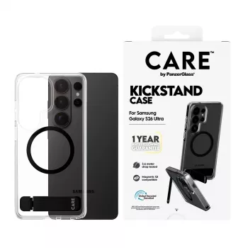 PanzerGlass CARE™ Urban Explorer Dėklas Samsung Galaxy S26 Ultra — Skaidrus dėklas su juodu stoveliu ir Qi palaikymu