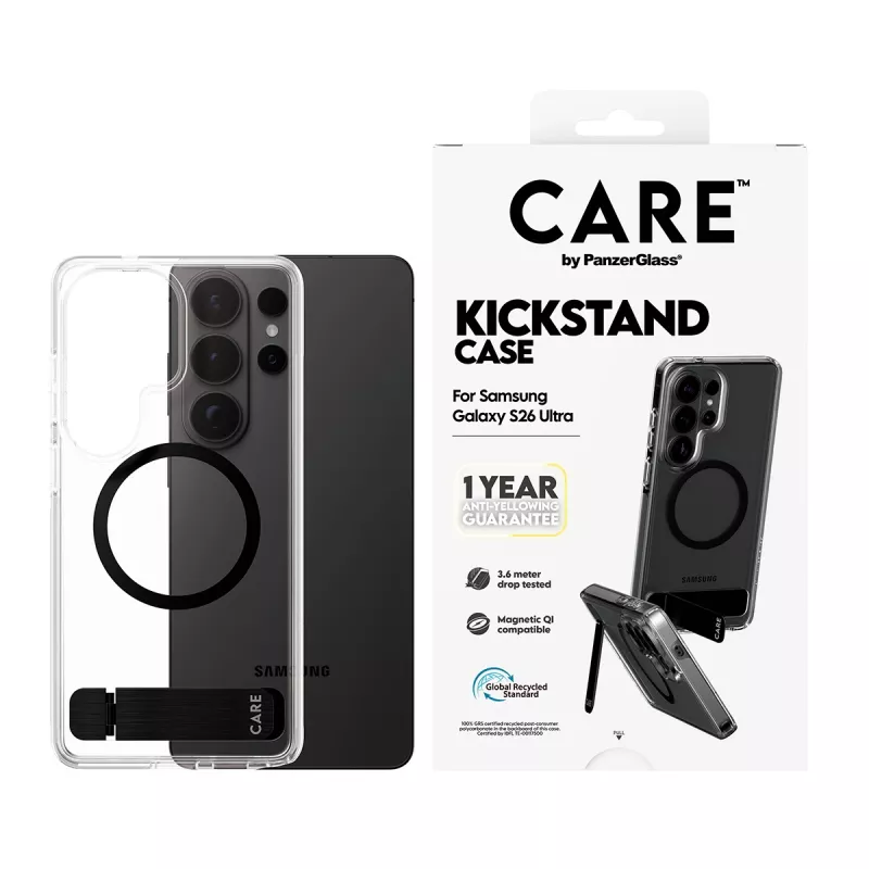 PanzerGlass CARE™ Urban Explorer Dėklas Samsung Galaxy S26 Ultra — Skaidrus dėklas su juodu stoveliu ir Qi palaikymu