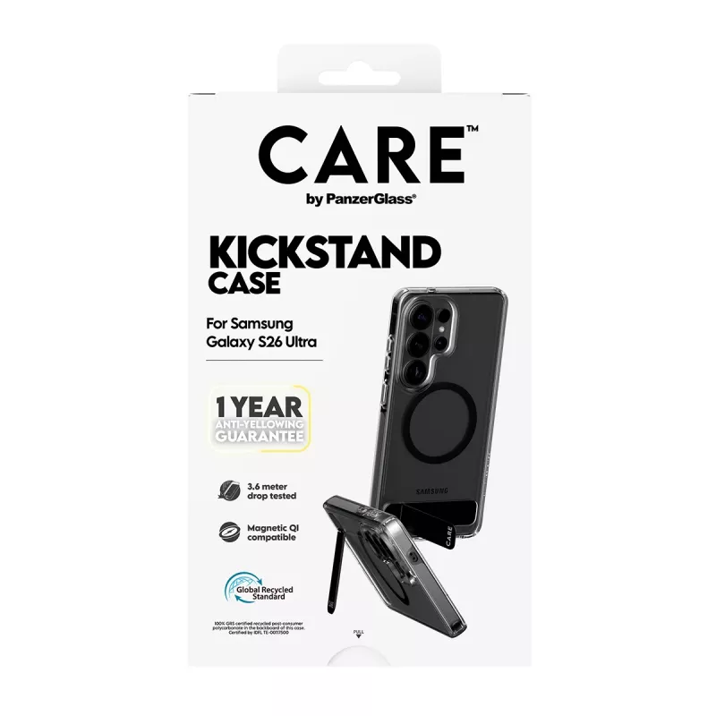 PanzerGlass CARE™ Urban Explorer Dėklas Samsung Galaxy S26 Ultra — Skaidrus dėklas su juodu stoveliu ir Qi palaikymu