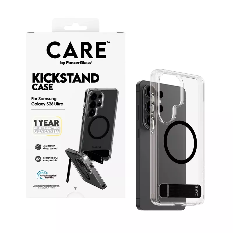 PanzerGlass CARE™ Urban Explorer Dėklas Samsung Galaxy S26 Ultra — Skaidrus dėklas su juodu stoveliu ir Qi palaikymu
