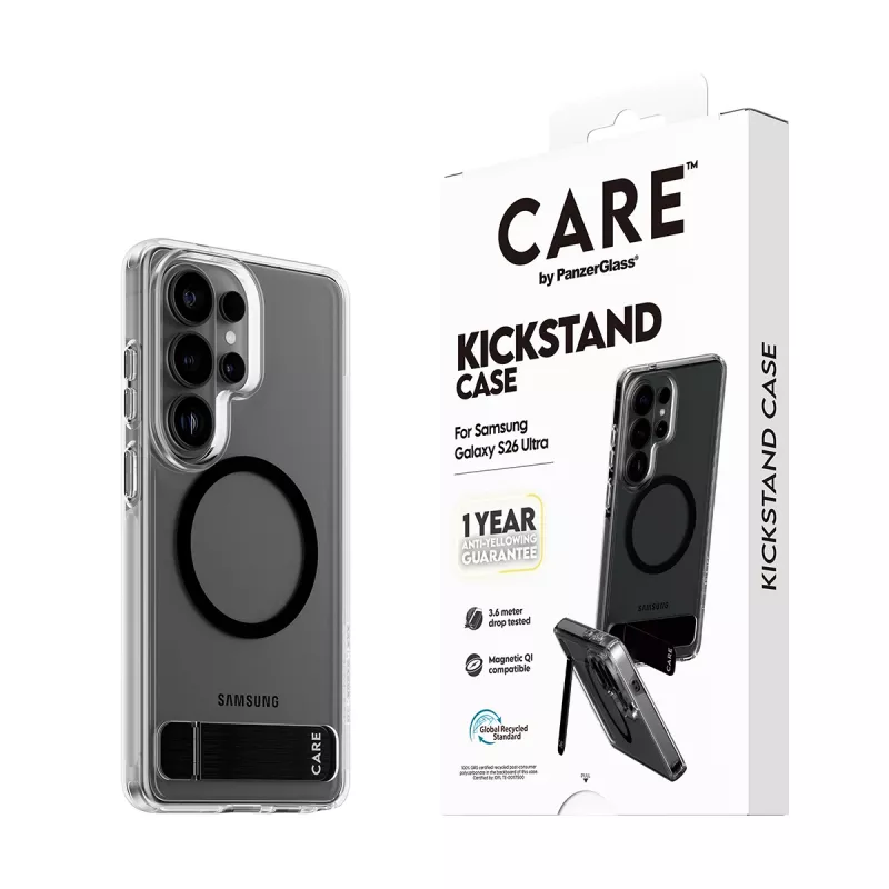 PanzerGlass CARE™ Urban Explorer Dėklas Samsung Galaxy S26 Ultra — Skaidrus dėklas su juodu stoveliu ir Qi palaikymu