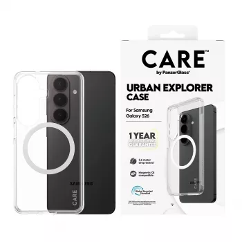 PanzerGlass CARE™ Urban Explorer dėklas Samsung Galaxy S26 — skaidrus su baltos spalvos Qi palaikymu