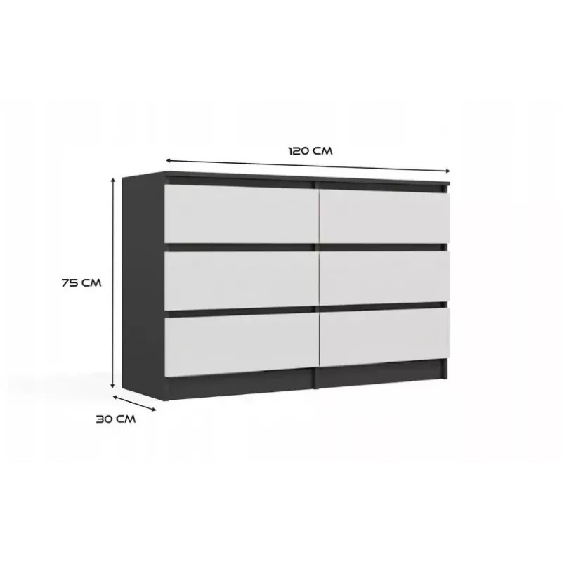 Komoda Top E Shop MALWA M6 120 cm, 6 stalčių, antracitinis karkasas, balti fasadai