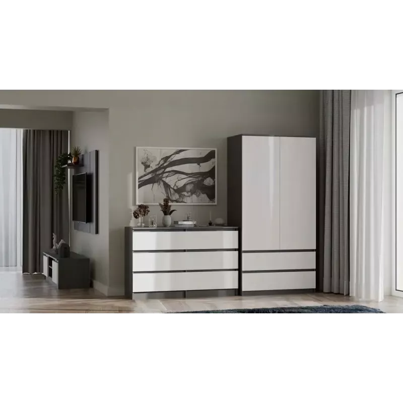 Komoda Top E Shop MALWA M6 120 cm, 6 stalčių, antracitinis karkasas, balti fasadai