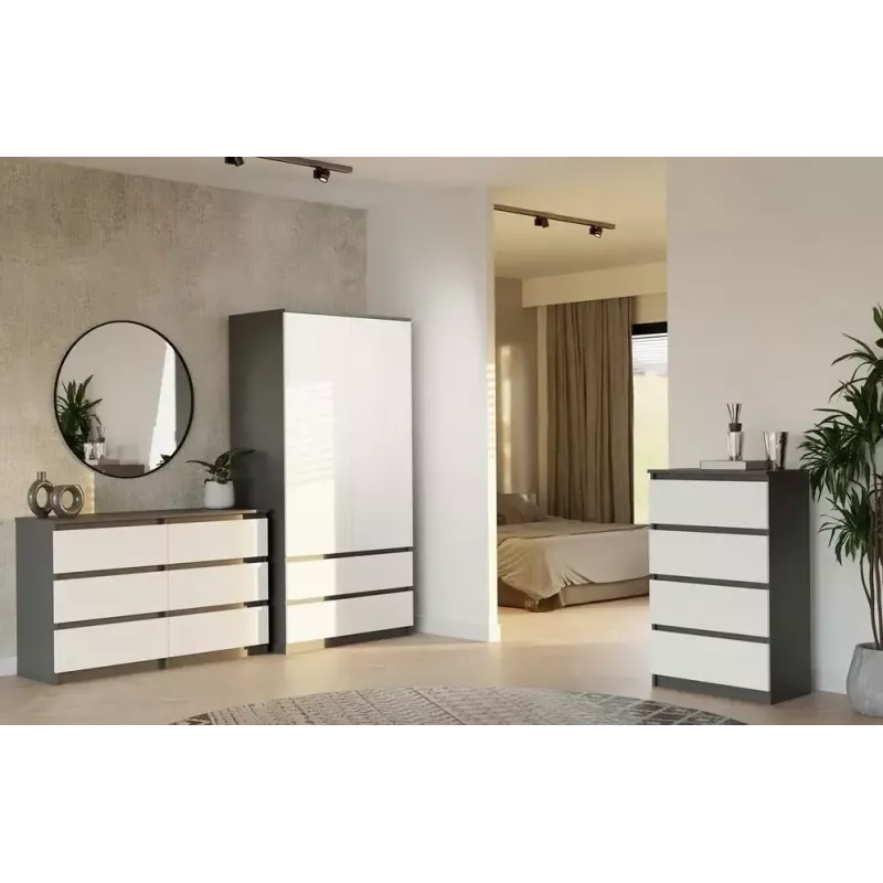 Komoda Top E Shop MALWA M6 120 cm, 6 stalčių, antracitinis karkasas, balti fasadai