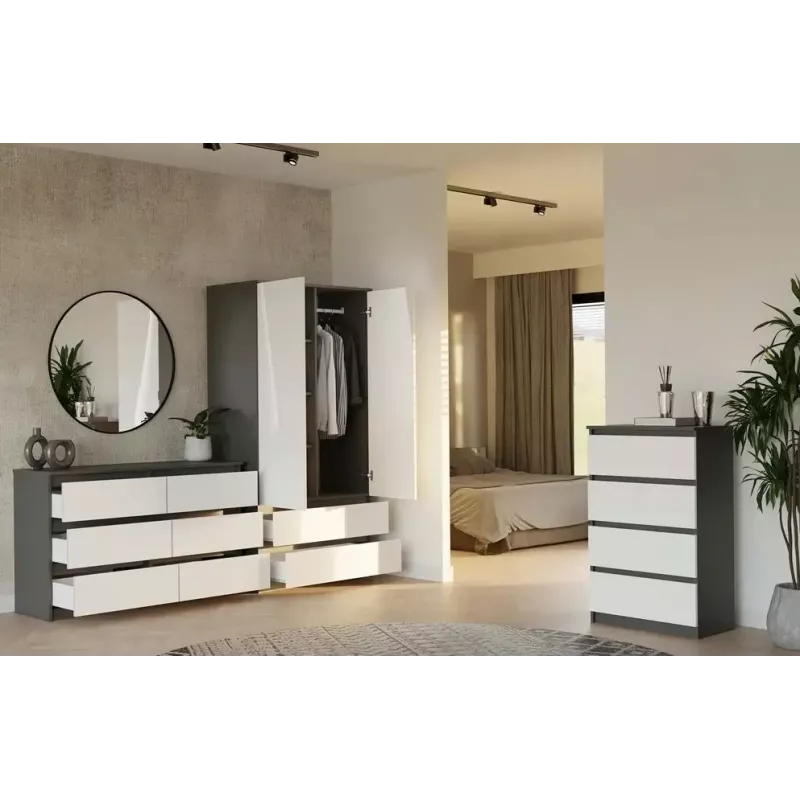 Komoda Top E Shop MALWA M6 120 cm, 6 stalčių, antracitinis karkasas, balti fasadai