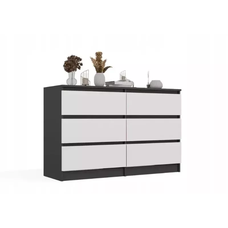 Komoda Top E Shop MALWA M6 120 cm, 6 stalčių, antracitinis karkasas, balti fasadai