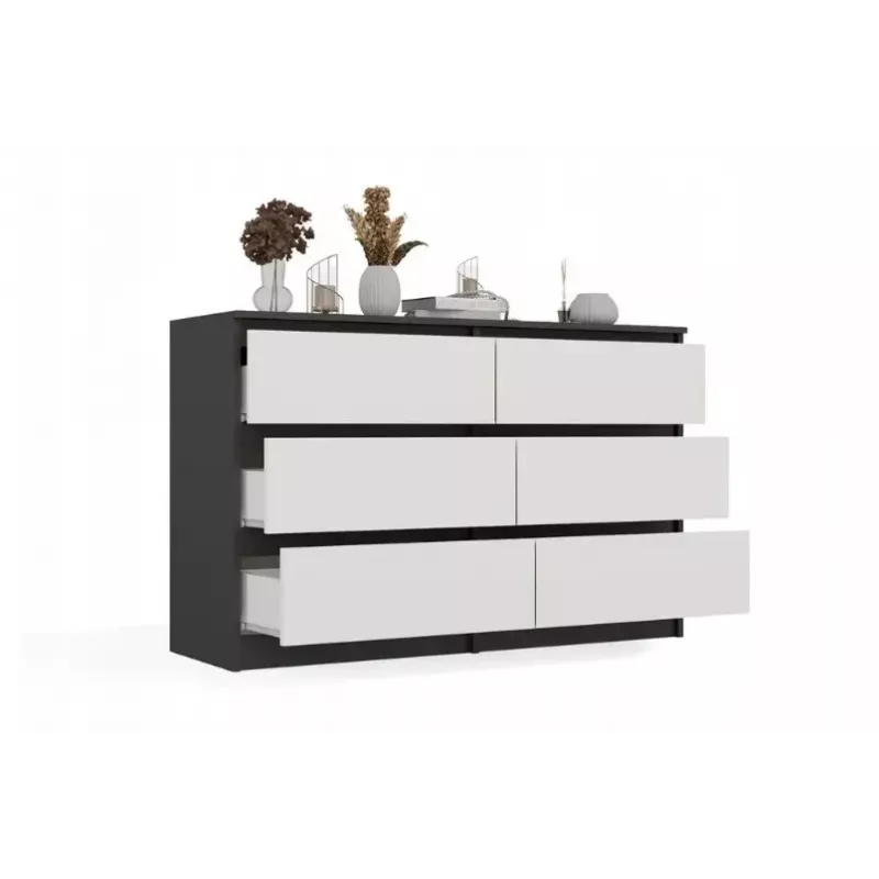 Komoda Top E Shop MALWA M6 120 cm, 6 stalčių, antracitinis karkasas, balti fasadai