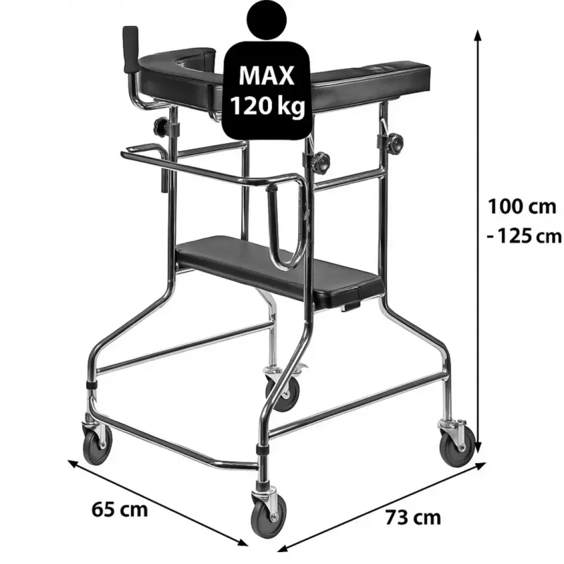 Reabilitacinis aukštas vaikštynė ActionMed B200AM – stovimoji atrama su sėdyne, 4 ratai, reguliuojamas aukštis 100–125 cm, maksimali apkrova 120 kg, rėmo plotis 65 cm